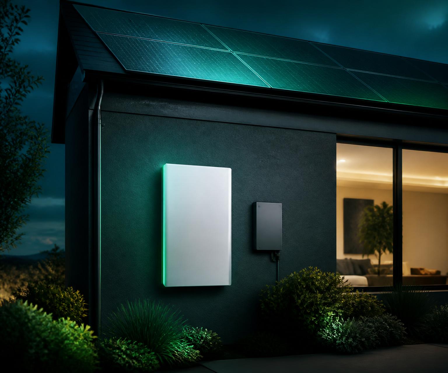Modern home with rooftop solar panels and a wall-mounted Tesla Powerwall battery